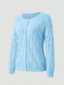 Áo khoác cardigan dài tay cổ tròn, màu xám trơn, cài cúc ngọc trai, kiểu dáng thanh lịch, phù hợp cho công sở, tiệc tùng và các dịp xã giao mùa thu | Thoải mái khi mặc - Màu xanh lam - Xem 5