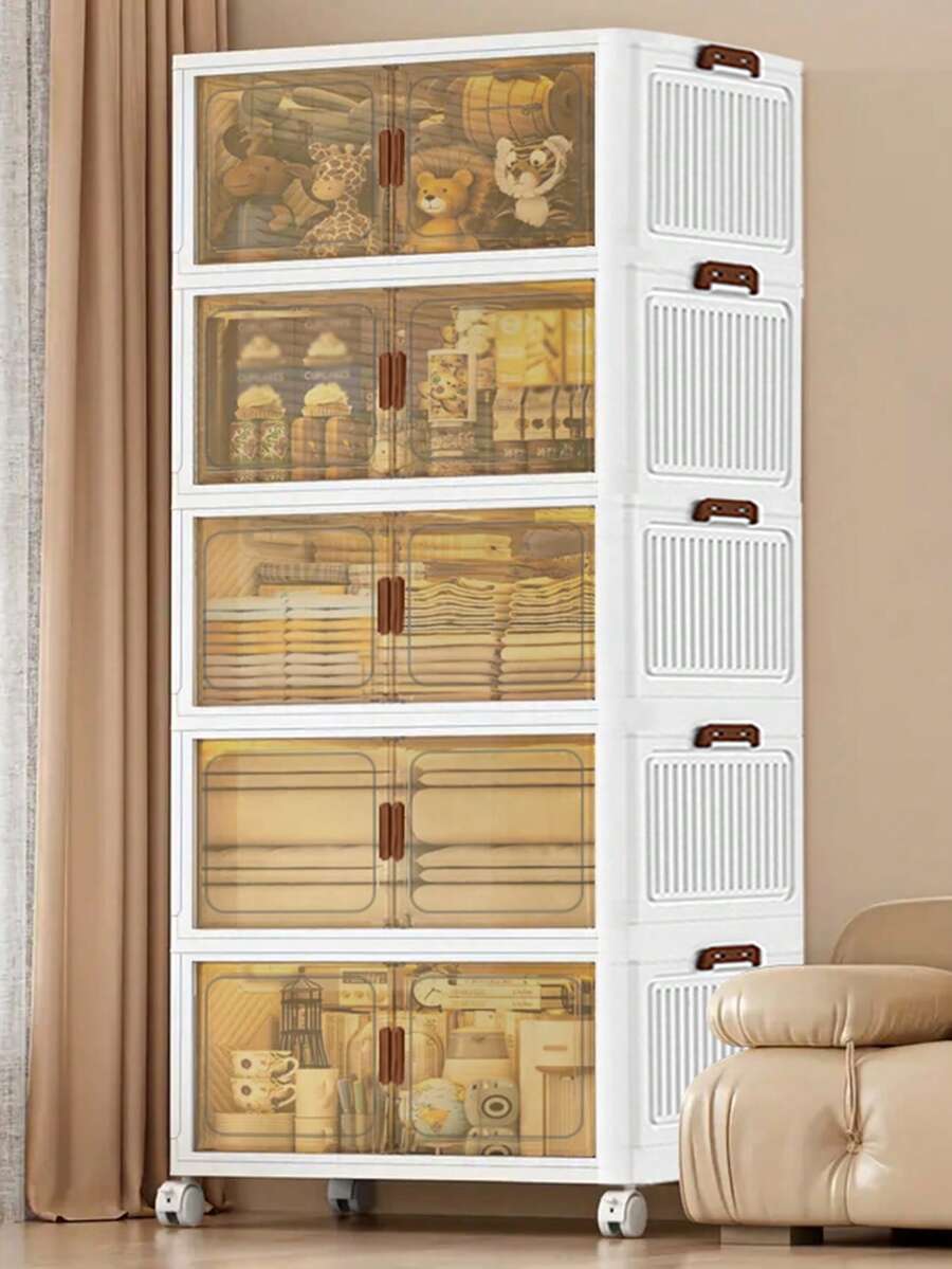 5layer   Extra Large Storage Cabinet, Multi-Tier Foldable Storage Box With Doors, Stackable Storage Containers For Shoes Sundries Books Clothes, Household Storage Organizer For Closet, Wardrobe, Bedroom, Bathroom, Office, Kitchen - White - View 1