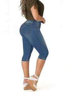 Jeans de talle medio con estiramiento, cierre de botones, lavado clásico, pantalones 7/8 de ajuste ceñido - Azul Marino - Ver 4