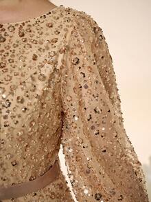 Mgiacy，新品上市，加大码舞会礼服，浪漫女士加大码正式礼服，金色亮片长袖蝴蝶结袖口圆领喇叭下摆长款礼服，适合晚宴派对。