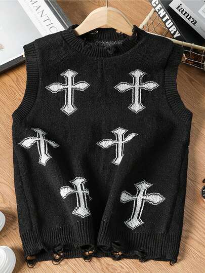 1pc Tween Boys Cross Print Round Neck Knit Sweater Vest, Streetwear-Inspired