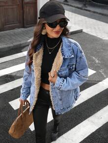 时尚牛仔夹克，适合秋冬，百搭休闲、旅行、机场、Y2K 学生风格，保暖内衬，防寒，适合女性 - 藍色 - 查看 6