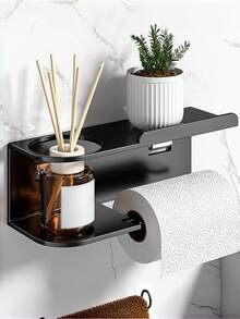 1 pezzo Portarotolo di carta igienica, Portarotolo con mensola, Organizer da bagno in acciaio inossidabile, Montaggio adesivo e a vite, Per bagno, antibagno, cucina, roulotte (Nero)Portarotolo da parete per carta igienica con vano portasalviette in acciaio inossidabile opaco nero, Portasalviette, Appendiabiti da parete per il bagno