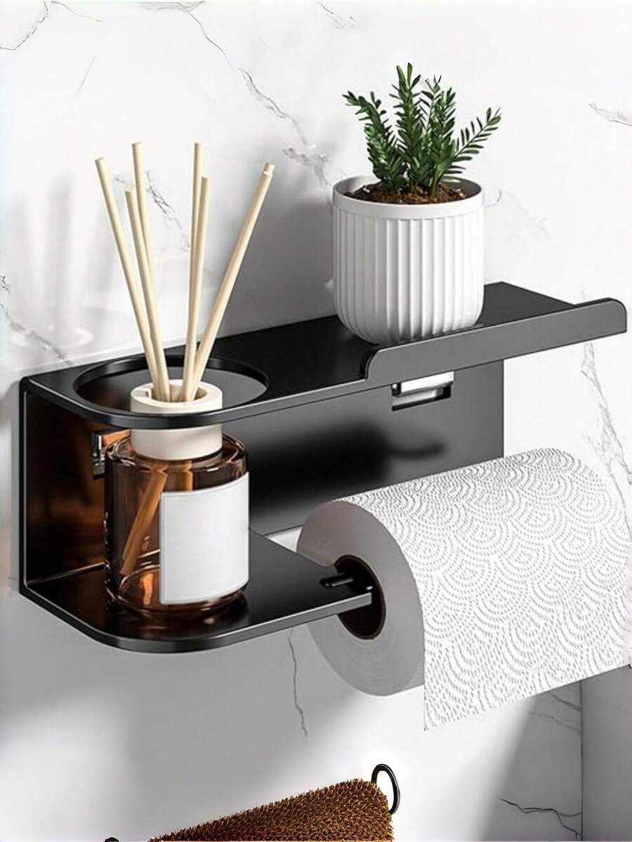 1 pezzo Portarotolo di carta igienica, Portarotolo con mensola, Organizer da bagno in acciaio inossidabile, Montaggio adesivo e a vite, Per bagno, antibagno, cucina, roulotte (Nero)Portarotolo da parete per carta igienica con vano portasalviette in acciaio inossidabile opaco nero, Portasalviette, Appendiabiti da parete per il bagno
