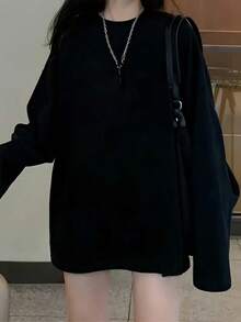 小码女士休闲圆领纯色百搭简约宽松长袖T恤上衣黑色春季款 - 黑色 - 查看 4