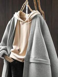 Chaqueta con capucha casual de mujer de unicolor con bolsillo delantero y botones, abrigo de tela de punto de talla grande, diseño de botones y bolsillos, longitud regular, manga larga, corte holgado, cuello con capucha cómodo, textura suave, ligeramente elástica, ropa exterior para mujer