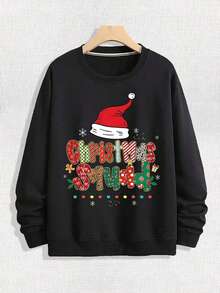 Men's Street Loose Round Neck Hoodie, "Christmas Squad" Colorful Art Words Paired With Christmas Hat, Gingerbread Man, Colorful Lights And Other Patterns, Christmas Elements, Casual Style, Spring And Autumn Soft Casual Long Sleeved Pullover, Machine Washable Outdoor Sports Top,Fall Hoodies,Men's Fall Clothes,Street Wear,Halloween,Mens Hoodies,Y2k Clothes,Jesus Hoodie,Thanksgiving Day,Nightmare Before Christmas,Christmas - màu đen - Xem 1