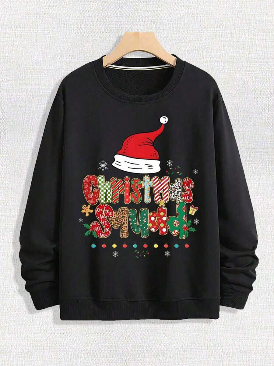 Men's Street Loose Round Neck Hoodie, "Christmas Squad" Colorful Art Words Paired With Christmas Hat, Gingerbread Man, Colorful Lights And Other Patterns, Christmas Elements, Casual Style, Spring And Autumn Soft Casual Long Sleeved Pullover, Machine Washable Outdoor Sports Top,Fall Hoodies,Men's Fall Clothes,Street Wear,Halloween,Mens Hoodies,Y2k Clothes,Jesus Hoodie,Thanksgiving Day,Nightmare Before Christmas,Christmas - màu đen - Xem 1