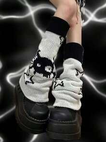 1 Pair Reversible Skull Leg Warmers, Bell-Bottomed Stockings AJOR - Black - View 2