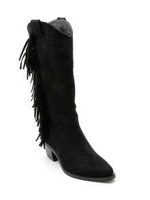 Western Fringe Boots - Soft Suede, Angled Heel - Black - View 2