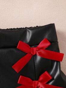 Girls' Outfit, Beaded Ruffle Trim Round Neck Long Sleeve Top + Elegant 3D Bow PU Leather Skirt Fashion Set, Suitable For Autumn Daily Wear, Birthday Party, Family Outing - Red - View 5