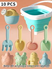 1/3/10件沙滩玩具套装，包括折叠桶、海洋动物沙模、喷壶、耙子、铲子，适合户外玩沙玩水，儿童男孩女孩（配件颜色随机）