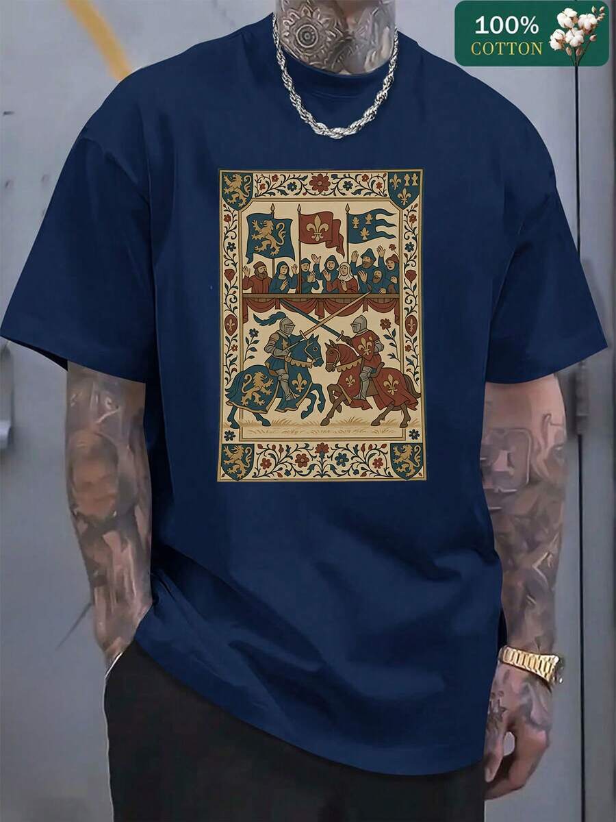 Men's Vintage Knight Jousting Graphic T-Shirt, Retro Medieval Tournament Print With Gold/Blue/Red Accents, Soft Cotton Casual Tee For Everyday Wear, Gift For History Enthusiasts, Classic Fit That Flatters All Body Types - 藏蓝色 - 查看 1