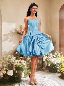 VIPGIRL Elegant Blue Strapless Satin Gown With 3D Floral Applique, Asymmetrical Rose Skirt, Short Formal Dress, Women's Cocktail Dress - Blue - View 4