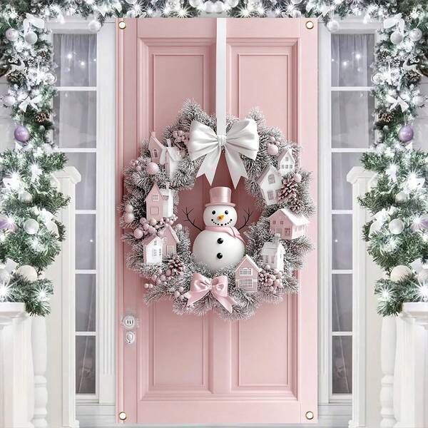 1pc Christmas Snowman Wreath Decor, Modern Polyester Decoration, Holiday Door Garland, Indoor & Outdoor Party Decor, No Electricity Needed, Suitable For General Use