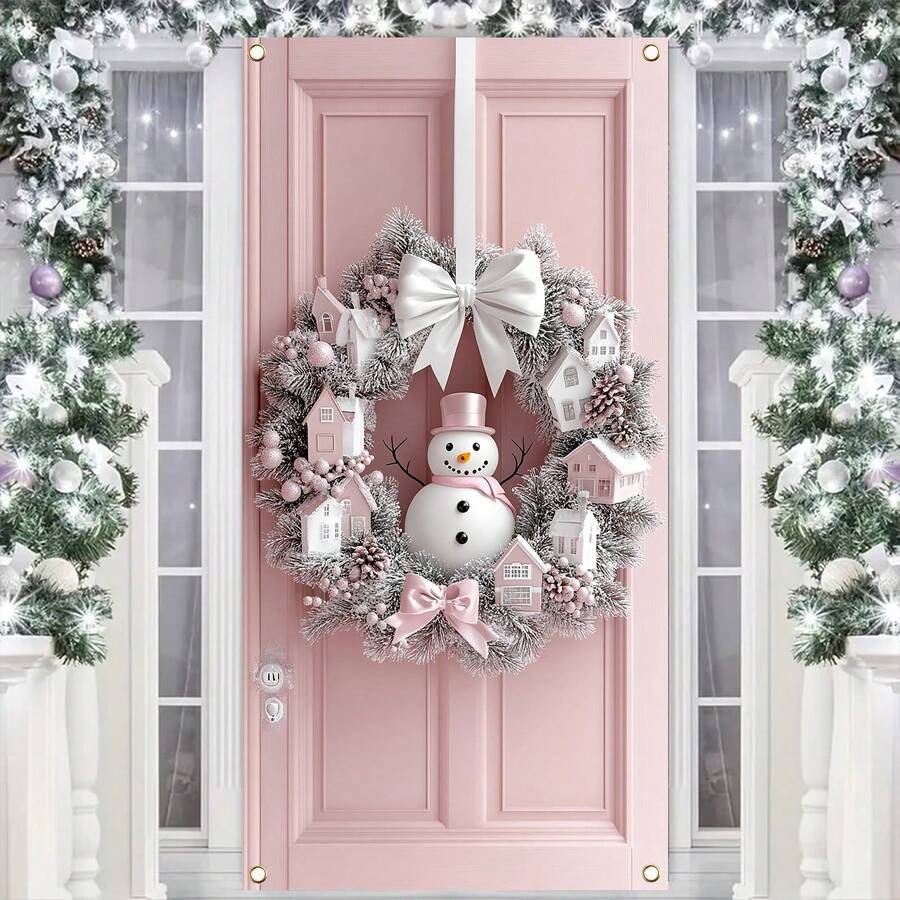 1pc Christmas Snowman Wreath Decor, Modern Polyester Decoration, Holiday Door Garland, Indoor & Outdoor Party Decor, No Electricity Needed, Suitable For General Use