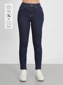Damen Lässig Gerade Bein Jeans aus Denim mit Knopf- und Taschenelementen, lange, nicht dehnbare Stoffausführung für den Alltag - marineblau - Übersicht 4