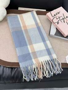 女士格子围巾，带流苏，秋冬季百搭披肩 - 日系格子藍 - 查看 2