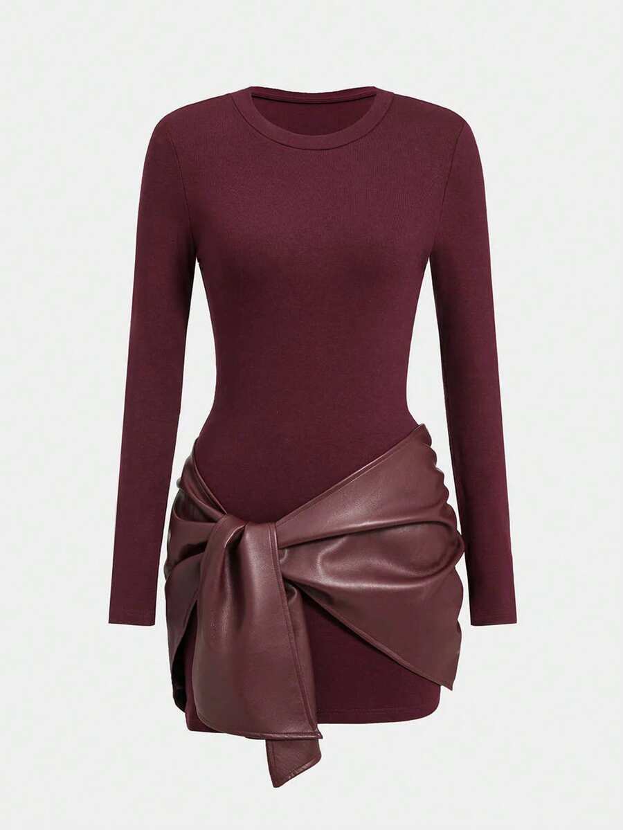 Elegant Women Long Sleeve Mini Dress, Knitted Fabric With Unique Faux Leather Bow Design, Fashion Outfit. Women's Dress With Faux Two-Piece Look - Burgundy - View 1