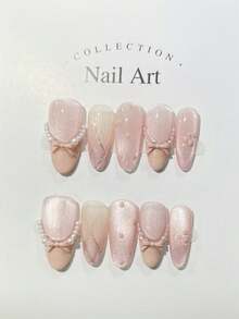 [10pcs Pink Diamond False Nails] 10pcs Handmade Pink Polka Dot Pearl Chain Diamond Grid False Nails Gentle Sweet Cat Eye French Wear Nails For Daily Dating Festival Medium Long Trapezoidal Detachable Suitable For Nail Art DIY Enthusiasts Ladies And Girls As Gifts