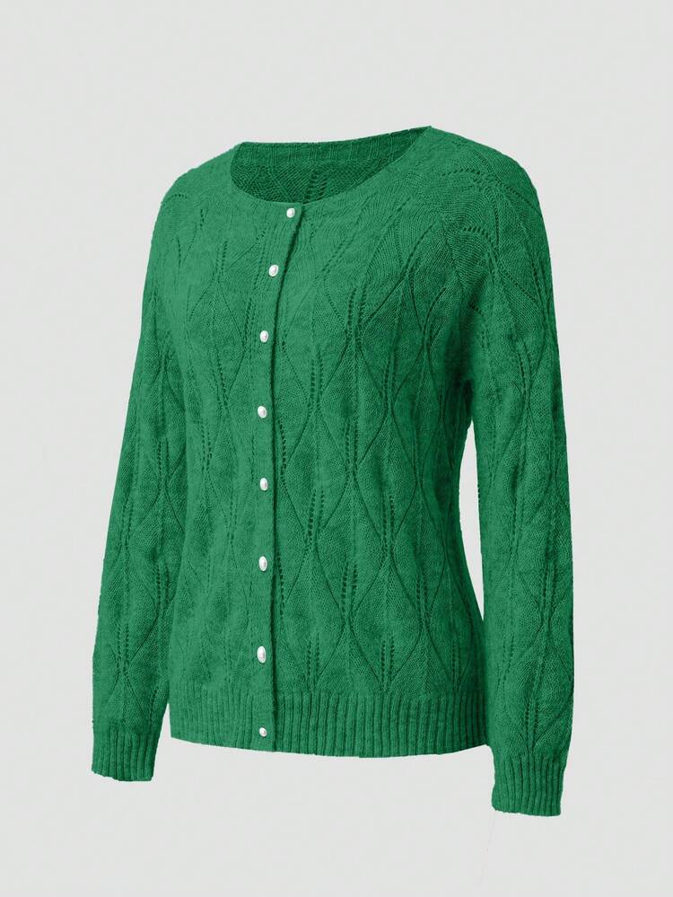 Cárdigan elegante de cuello redondo de manga larga con botones de perlas de unicolor, adecuado para la oficina, fiestas y ocasiones sociales en otoño | Cómodo de llevar (Gris) - Verde Oscuro - Añade 5