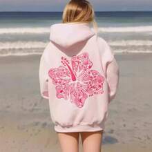 2025 Women's Sportswear Hawaii Hibiscus Sweatshirt Ins Outdoor Warm Drop Shoulder Sleeve Ribbed Hoodie Embroidery Design - 紅色-椰樹 - 查看 4