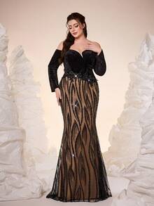 Mgiacy-POP,New Arrival,Off Shoulder,Elegant,Large Size Evening Gown Dress,Asymmetric,Sequin,3D Floral,Sequin Splicing,Package Hip,Mermaid Hem Dress,FOR,Prom Wedding,Party Dress,Wedding Guest Dress,Evening Dress(Non-Positioning) - Black - View 5