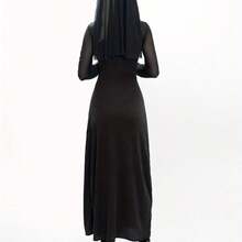 Sexy Nun Costume For Adults - Elegant High Neck Dress With Cross Pendant, Black & White Contrast, Long Sleeves, And Thigh-High Slit - Perfect For Halloween, Masquerade Parties, And Role-Playing Performances, Halloween Costume | Contrast Color Design | Nonstretch Fabric - 黑色 - 查看 4