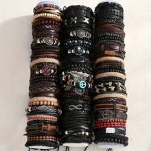30pcs Men's Fashion Multi-Layer Vintage Leather Cord Braided Alloy Beaded Handmade Bracelet, Random Assortment
