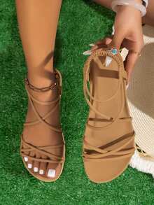 A Pair Of Shoes  Elegant  Vacation  Beach  PU Leather  Criss Cross    Flat Sandals  Beach  Holiday  School  Vacation  Party  Office  Home  Summer - 棕色 - 查看 1