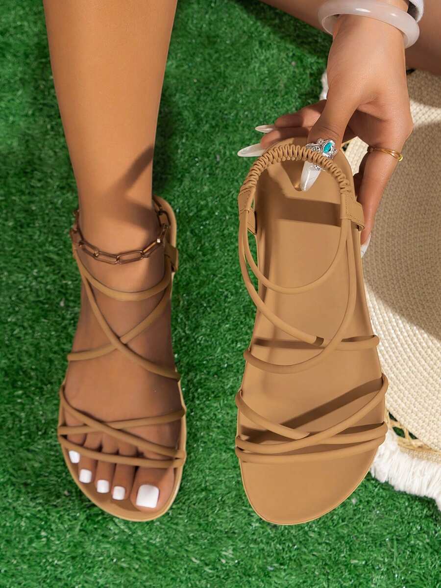 A Pair Of Shoes  Elegant  Vacation  Beach  PU Leather  Criss Cross    Flat Sandals  Beach  Holiday  School  Vacation  Party  Office  Home  Summer - 棕色 - 查看 1