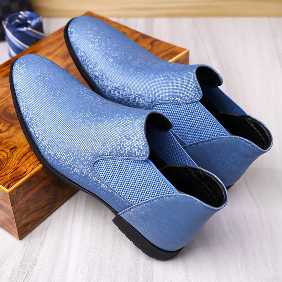 Men's Stylish Business Chelsea Boots, Glossy Textured Pattern, Versatile And Comfortable Ankle Boots For Formal Occasions & Banquets, A Touch Of Luxury Men's Shoes For Autumn. - Màu xanh lam - Xem 1