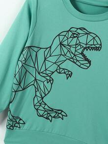 Set de 2 piezas para niños pequeños: Camisa de cuello redondo de manga larga con estampado de dinosaurios y pantalones holgados con cordón, apropiado para uso diario, viajes, fiestas de cumpleaños, regalo