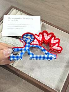 Pink Plaid Pattern Heart Bow Hair Claw Clip, Hair Accessory For Women, Suitable As Birthday Or Valentine's Day Gift Elegant Hair Clips Winter Hair Clutch Women Hair Accessories - Multicolor - View 6