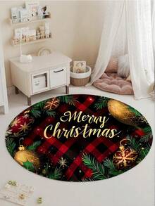 1 szt. Wycieraczka w kratkę w stylu bożonarodzeniowym, prostokątna, w stylu amerykańskim vintage, ozdobiona złotymi bombkami, gałązkami zimozielonych kwiatów i jaskrawoczerwonymi jagodami, z napisem "Wesołych Świąt" pośrodku, skutecznie chroni przed kurzem i wodą, odpowiednia do przedpokoju, salonu i innych miejsc w okresie świątecznym, dodaje świątecznej atmosfery, nadaje się do ogrodu, przedpokoju, salonu i kuchni