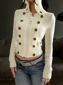 Áo khoác cardigan nữ thanh lịch, phong cách thường ngày hiện đại, thiết kế phá cách, hai hàng cúc, ôm dáng, màu trắng. - trắng - Xem 5