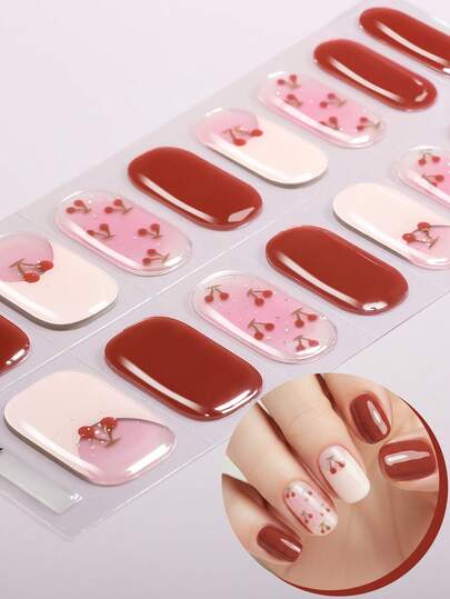 16pcs French Semi Cure Gel Nail Strips, Autumn And Winter Red Nail Cherry Glitter Self-Adhesive UV Gel Nail Stickers, Salon Quality, Easy To Apply And Remove, Suitable For Women's Christmas DIY Nail Stickers Nails