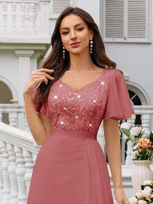 MIUSOL Sweetheart Neck Sequin Lace Ruffle Sleeve Split Thigh Chiffon Formal Party Maxi Dress