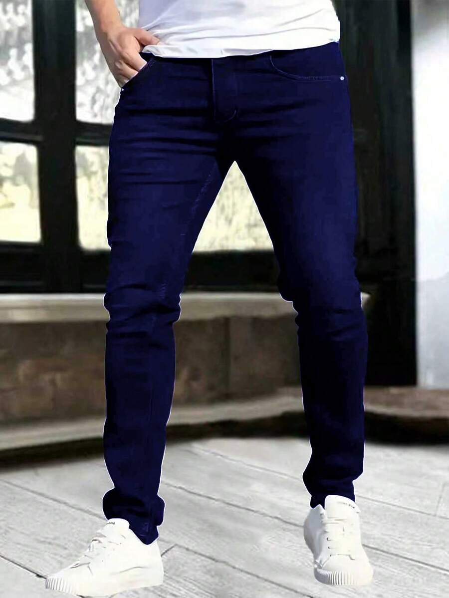 1 件男士黑色修身弹力拉链口袋牛仔裤 - 深色水洗藍 - 查看 1