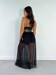 Women's Long Tulle Skirt For Festival Or Clubbing With Elegant Slit Casual Transparent Side Opening - 黑色 - 查看 5