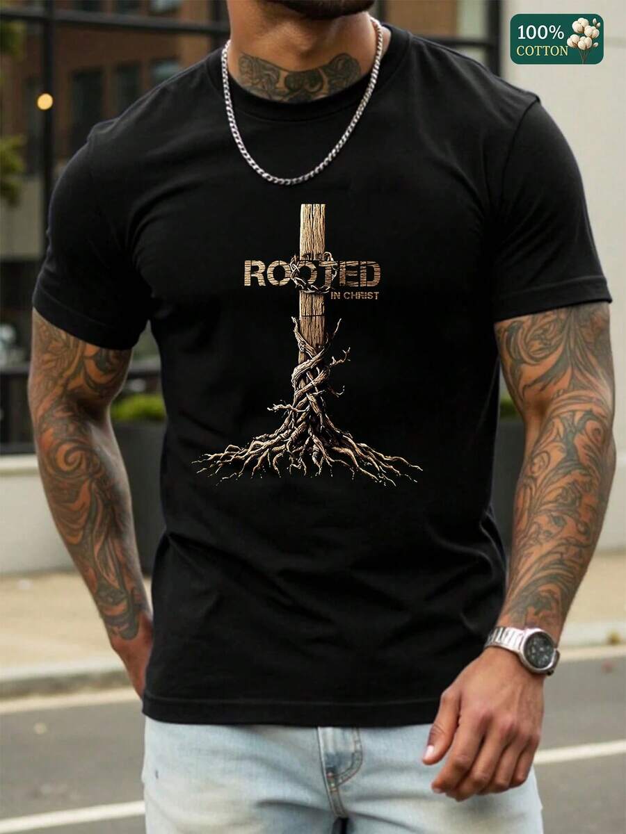 Men's Rooted In Christ Graphic T-Shirt, Distred Christian Cross With Tree Roots Print, Soft  Cotton Casual Tee, Perfect For Sunday  Or Everyday Wear, Gift For Christian Men Who Love Faith & Style - 黑色 - 查看 1