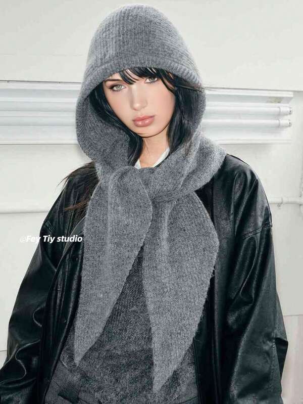 1 pezzo Berretto balaclava da donna di colore unito, cappello invernale spesso e caldo con protezione per le orecchie, set elegante e casual retrò di berretto e sciarpa versatile, adatto per uso all'aperto, sci, ciclismo, viaggi, feste, uso quotidiano