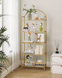 Bookcase Bookshelf, Tempered Glass Bookshelves, Slim Shelving Unit For Bedroom, Bathroom, Home Office, Steel Frame, 5 Tier Gold/6 Tier Gold - 金色 - 查看 2