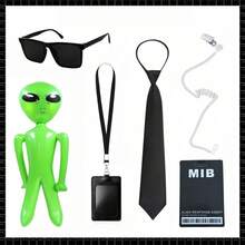 6pcs 2D Plane - MIB Proxy Accessories - Black Glasses, Zipper Tie, ID Card, Headphones And Inflatable Green Alien - Perfect For Halloween, Role-Playing, Carnivals And Costume Parties - Cool And Fashionable Sci-Fi Themed Props Suitable For Both Men And Women, Halloween Accessory Set | Sci-Fi Theme | Durable Plastic, Halloween Accessory - Green - View 5