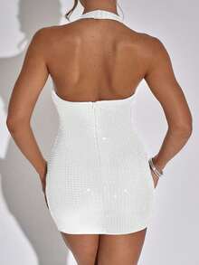 Robe moulante en tissu perlé à épaules dénudées, dos nu et décolleté plongeant, convient pour les rendez-vous, les fêtes et la rentrée scolaire - Blanc - Voir 10