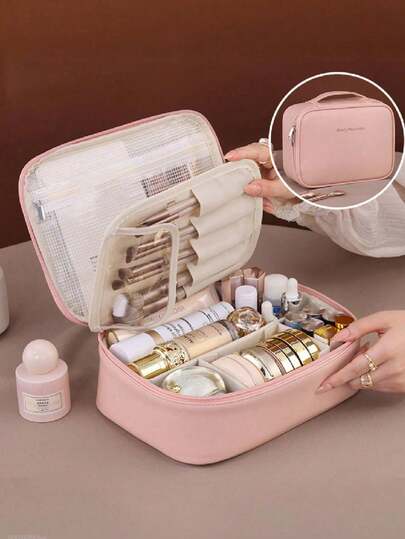 1pc Multi-Functional PVC Cosmetic Bag, Summer Travel Makeup Organizer Bag, Waterproof Bathroom Storage Pouch, Can Hold Skincare, Makeup Brushes, Eyeshadow Palette, Powder, Lotion, Lipstick, Jewelry, Bridesmaid Gift, Mother's Day Gift, Friend Gift, Teacher's Bag, Vanity Bag