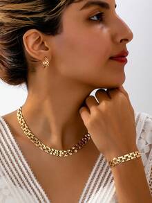 1pc Fashion 3D Geometric Watch Chain Necklace, 1pc Geometric Watch Chain Bracelet, 1 Pair Alloy Geometric Watch Chain Earrings