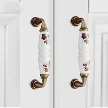 4/6pcs Rustic Ceramic Cabinet Handle With Green And Brown Floral Pattern-Antique Bronze Finish, Country Style Cabinet Door And Drawer Furniture Knob