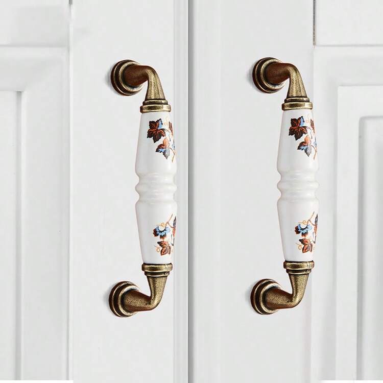 4/6 件乡村风格陶瓷橱柜把手，带绿色和棕色花卉图案 - 古铜色饰面，乡村风格橱柜门和抽屉家具把手 - 彩色 - 查看 4