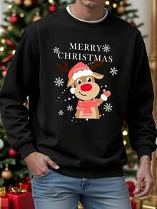 Manfinity Homme Manfinity Snowflake & Reindeer Family Print Crew Neck Standard Fit Casual Pullover Sweatshirt, Red-2025,Fall Hoodies,Men's Fall Clothes,Street Wear,Halloween,Mens Hoodies,Y2k Clothes,Jesus Hoodie,Thanksgiving Day,Nightmare Before Christmas,Christmas - Black - View 1